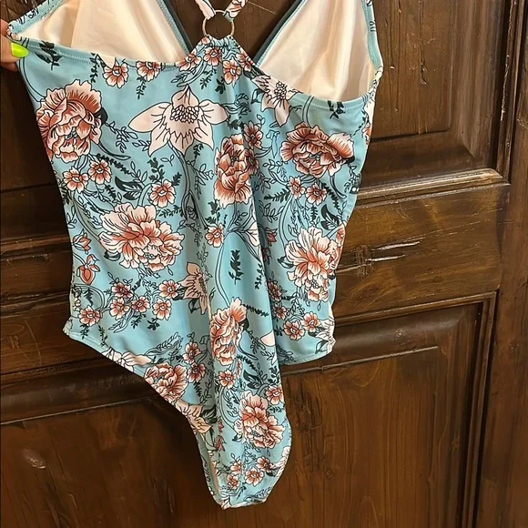 Blue and White Floral One Piece Swimsuit with Strappy Back - Picture 5 of 5